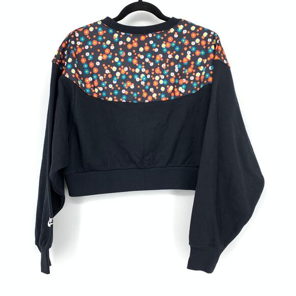 Nike Cropped Heritage Floral Print Crew Neck Sweatshirt Womens Sz Medium Black - Picture 2 of 6